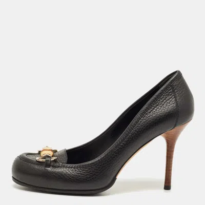 GUCCI BLACK LEATHER BAMBOO HORSEBIT LOAFER PUMPS SIZE 37