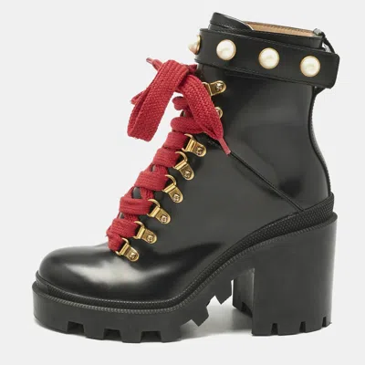 GUCCI BLACK LEATHER FAUX PEARL EMBELLISHED TRIP ANKLE LENGTH BOOTS SIZE 35