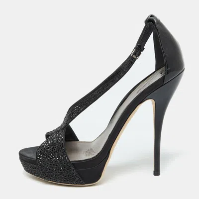 GUCCI BLACK SATIN AND PATENT LEATHER CRYSTAL EMBELLISHED PLATFORM SANDALS SIZE 39
