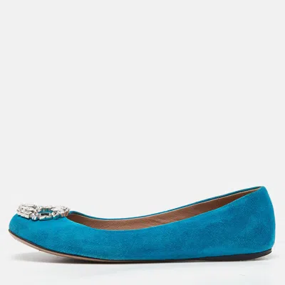 GUCCI BLUE SUEDE INTERLOCKING G CRYSTALS BALLET FLATS SIZE 36