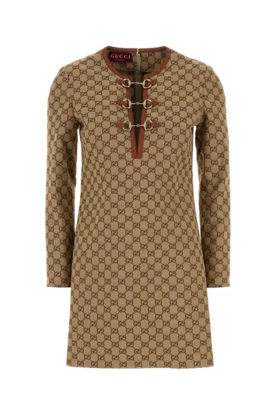 GUCCI WOMEN BROWN GG HORSEBIT-DETAIL MINI DRESS, M LUXURY DRESSES FOR WOMEN DARVEYS