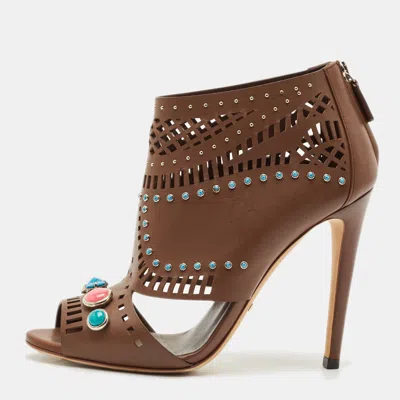 GUCCI BROWN LEATHER LIKA EMBELLISHED BOOTIES SIZE 38.5