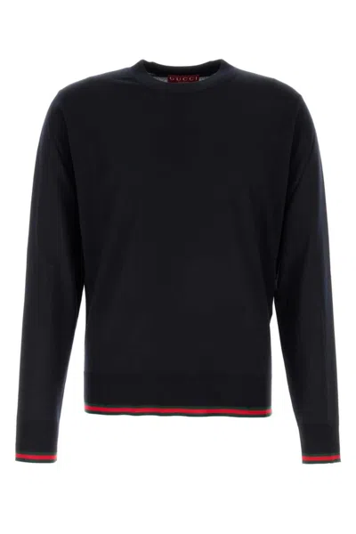GUCCI MEN DARK BLUE WOOL KNIT SWEATER WITH WEB, L LUXURY SWEATERS & KNITWEAR FOR MEN DARVEYS