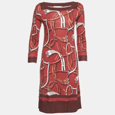 GUCCI EQUESTRIAN DARK RED PRINTED JERSEY KNEE-LENGTH DRESS S