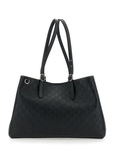 GUCCI GUCCI WOMEN 'GG EMBLEM' BLACK BIG TOTE BAG WITH TWO TOP HANDLES AND ALL-OVER GG EMBROIDERY IN LEATHE
