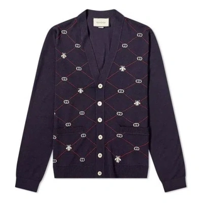 GUCCI Gucci GG Jacquard and Bee Cardigan Navy