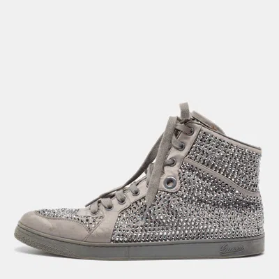 GUCCI GREY SATIN CRYSTAL EMBELLISHED CODA HIGH TOP SNEAKERS SIZE 42