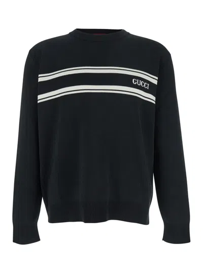 GUCCI GUCCI MEN BLACK SWEATER WITH LOGO LETTERING ON THE FRONT IN WOOL MAN