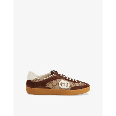 GUCCI MENS FONDENTE BROWN INTERLOCKING G LOW-TOP SUEDE TRAINERS EUR 42 / 8 UK