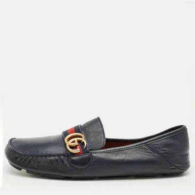 GUCCI NAVY BLUE LEATHER GG MARMONT WEB DRIVER SLIP ON LOAFERS SIZE 44