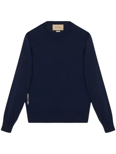 GUCCI MEN NAVY BLUE WOOL JUMPER WITH LOGO EMBROIDERY, S LUXURY SWEATERS & KNITWEAR FOR MEN DARVEYS