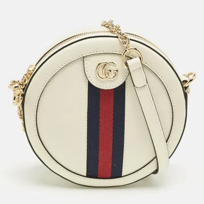 GUCCI OFF WHITE LEATHER MINI OPHIDIA ROUND SHOULDER BAG