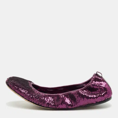 GUCCI PURPLE LEATHER AND SEQUINS EMBELLISH SCRUNCH BALLET FLATS SIZE 39