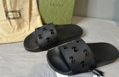 GUCCI GUCCI RUBBER GG LOGO PURSUIT SLIDES SANDALS BLACK WOMEN’S SIZE 36 (US 6) AUTHENT