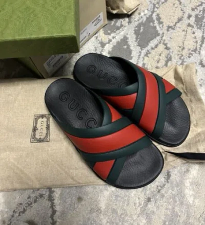 GUCCI GUCCI RUBBER SANDALS WOMEN'S SLIDE EU37 US7 BLACK/GREEN/RED 627820