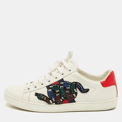 GUCCI WHITE SNAKESKIN EMBOSSED AND LEATHER ACE LOW TOP SNEAKERS SIZE 36
