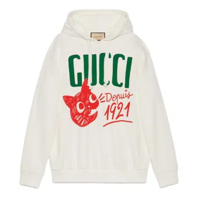 GUCCI (WMNS) Gucci Cotton jersey hooded sweatshirt with Gucci Depuis 1921 cat print 'White'