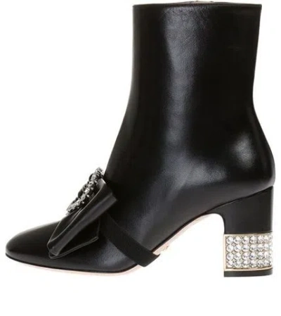 GUCCI (WMNS) Gucci Removable Bow Leather Ankle Boots 'Black'