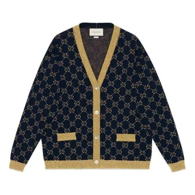 GUCCI (WMNS) Gucci SS21 Cotton Gold Silver V Neck Cardigan Wool Sweater Blue