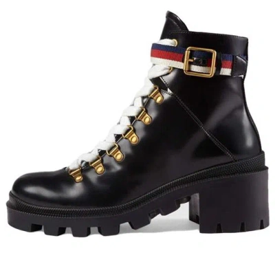 GUCCI (WMNS) Gucci Sylvie Series Webbing Leather Ankle Boots Black