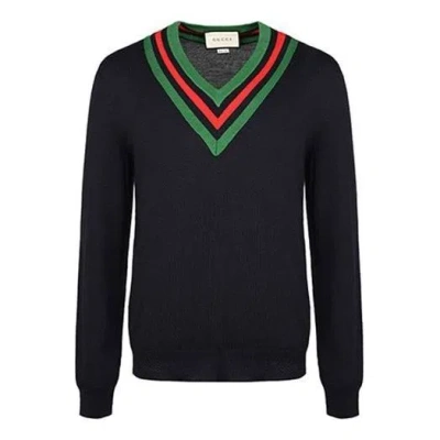 GUCCI Gucci Wool Web V-Neck Sweater 'Blue'