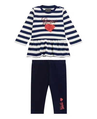 GUESS BABY GIRLS 2-PIECE LONG SLEEVE YARN DYE STRIPE T-SHIRT AND KNIT DENIM PANTS SET