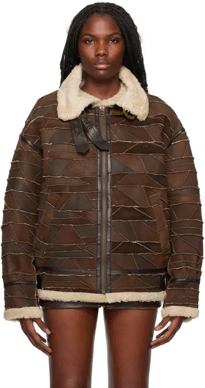 GUESS USA BROWN PATCHWORK FAUX-SHEARLING JACKET