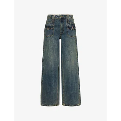 GUESS WOMENS LT VINTAGE TINTED ORIGINALS DOUBLE-POCKET WIDE-LEG DENIM JEANS