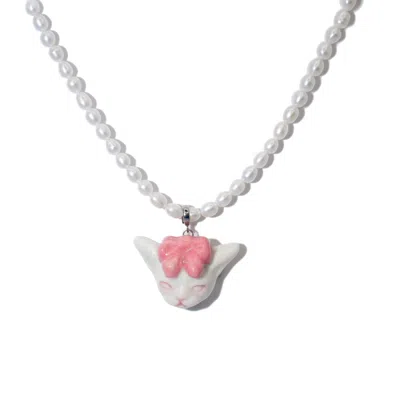 H2 STUDIO WOMEN'S PINK / RED ANGRY PUSS CORAL RED BOW TIE FRESHWATER PEARL NECKLACE