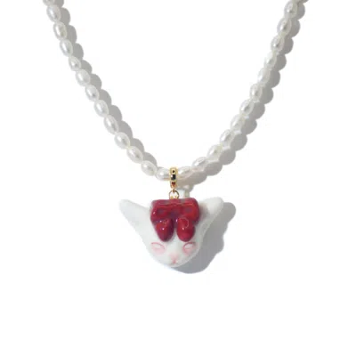 H2 STUDIO WOMEN'S ANGRY PUSS RUBY RED BOW TIE FRESHWATER PEARL NECKLACE