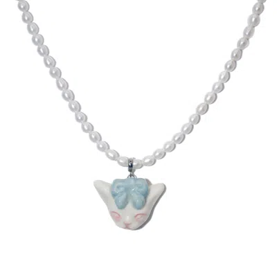 H2 STUDIO WOMEN'S BLUE ANGRY PUSS LIGHT JADE BOW TIE FRESHWATER PEARL NECKLACE