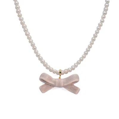 H2 STUDIO WOMEN'S GOLD / PINK / WHITE BOWTIE MANIAC MEDIUM CERAMIC RIBBON BOWTIE ROUND BAROQUE FRESHWATER PEAR