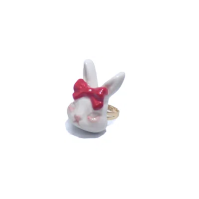 H2 STUDIO WOMEN'S GRUMPY BUNNY RED BOW TIE 14K GOLD PLATED BRASS RING