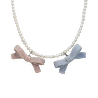 H2 STUDIO WOMEN'S SILVER / PINK / BLUE BOWTIE MANIAC MEDIUM CERAMIC RIBBON BOWTIE ROUND BAROQUE FRESHWATER PEA