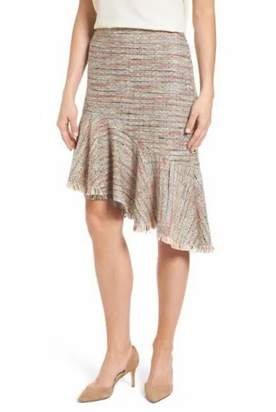 HALOGEN TWEED ASYMMETRICAL FRINGE HEM MIDI SKIRT IN MULTICOLOR