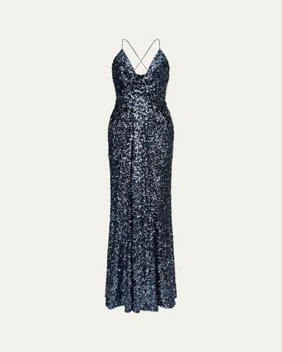 HALSTON MANON DEEP V-NECK SEQUIN GOWN