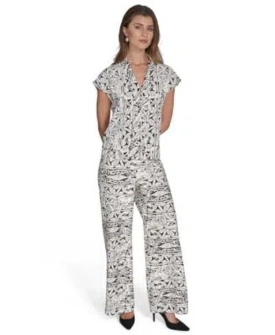 HALSTON WOMENS PRINTED V NECK CAP SLEEVE TOP PRINTED HIGH RISE WIDE LEG PANTS