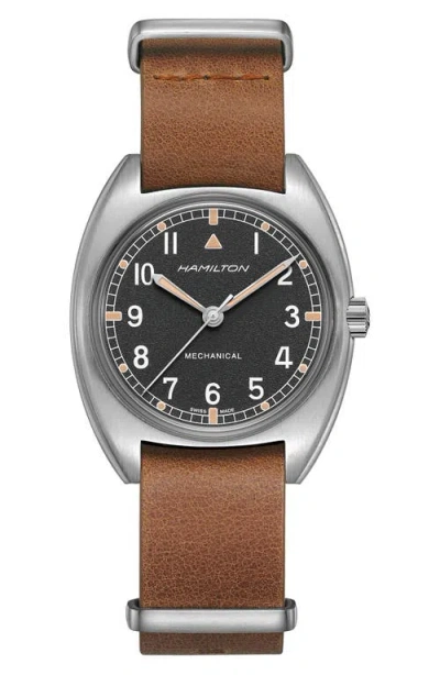 HAMILTON HAMILTON KHAKI AVIATOR PILOT PIONEER LEATHER STRAP WATCH, 36MM X 33MM