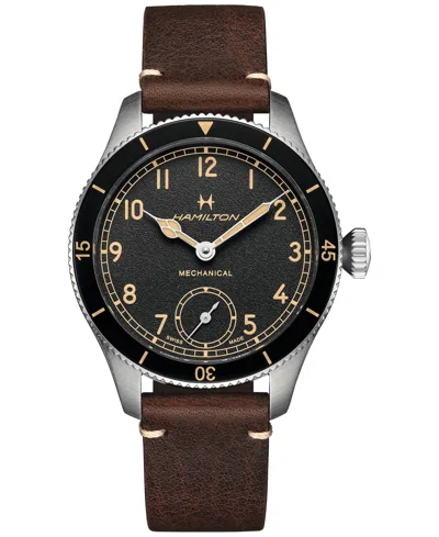 HAMILTON MEN'S KHAKI AVIATION PIONEER BROWN LEATHER STRAP WATCH 43MM