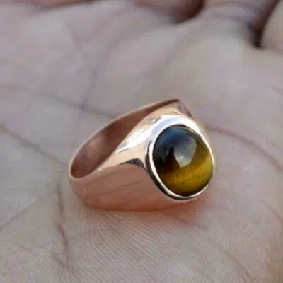 HANDMADE 925 STERLING SILVER 14K GOLD PLATED TIGER EYE HANDMADE RING FOR UNISEX SIZE 8