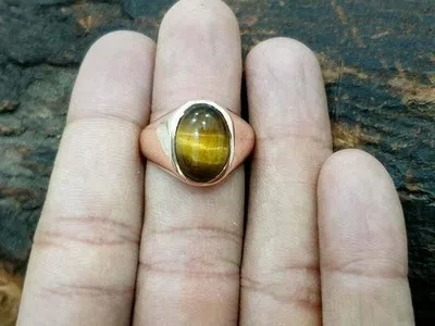 HANDMADE 925 STERLING SILVER 14K GOLD PLATED TIGER EYE STATEMENT HANDMADE MEN'S RING