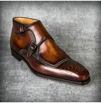 HANDMADE DOUBLE MONK STRAP SHOES, BROGUE SHOE, REAL LEATHER OFFICE SHOES