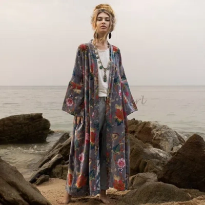 HANDMADE MAI PRINTED COTTON VELVET KIMONO HANDMADE GIFT ELEGANT CLASSIC PLUS SIZE 1X- 4X
