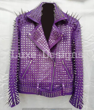HANDMADE MEN'S BRANDO ROCK PUNK SILVER LONG SPIKED STUDDED MOTORCYCLE LEATHER JACKET