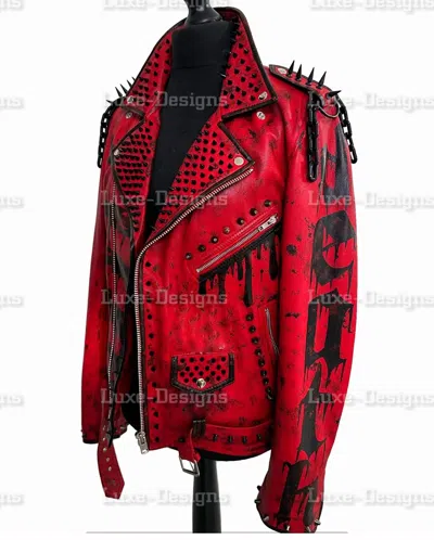 HANDMADE MEN'S PUNK DEATH POISON SKULL PAINTED SPIKED STUDDED CHAINS BIKER LEATHER JACKET