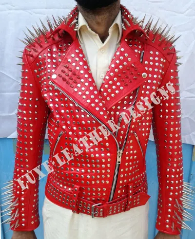 HANDMADE MEN'S PUNK RED HEAVY FULL LONG SPIKED STUDDED GOTHIC MOTORCYCLE LEATHER JACKET