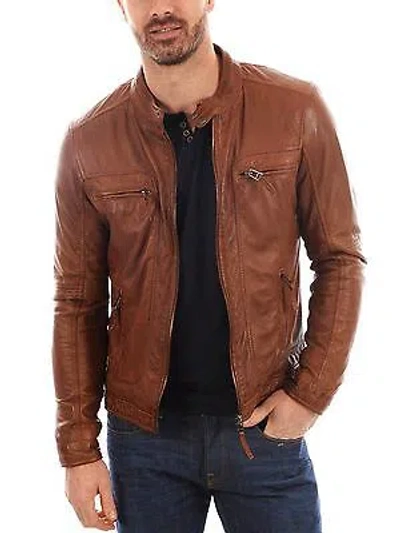 HANDMADE MEN'S TAN BROWN DESIGNER JACKET SLIM FIT LAMBSKIN LEATHER JACKET U654