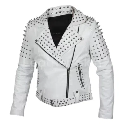HANDMADE MEN’S WHITE CLASSIC BRANDO STYLE WITH SILVER STUDDED BIKER LEATHER JACKET..