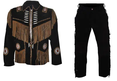 HANDMADE MENS WESTERN COWBOY BLACK SUEDE LEATHER FRINGES BEADED JACKET & PANT WJP24