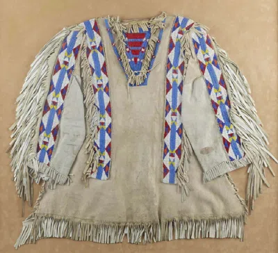 HANDMADE OLD AMERICAN BEIGE BUCKSKIN SUEDE LEATHER FRINGE BEADED POWWOW WAR SHIRT WBS817